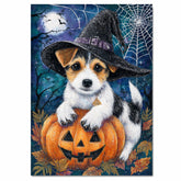 Halloween Jack Russell Puppy Wall Hanging for Autumn Leaf Harvest Dog Art Print for Backyard Décor on Ready to Hang 1.5" Thick Canvas Wrap, Floating Framed Canvas, Flat Rolled Canvas